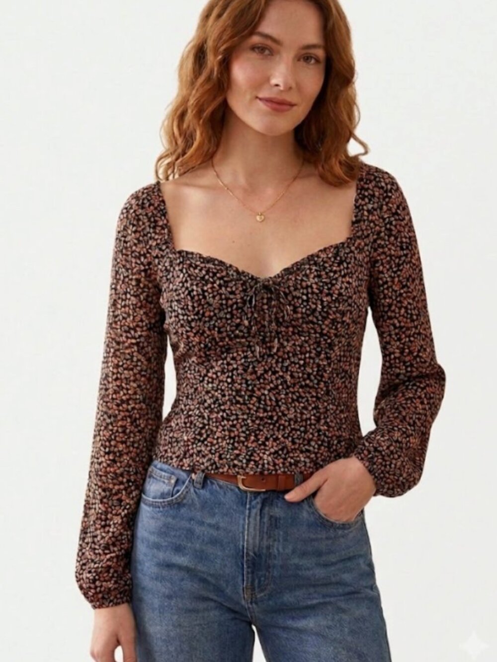 NWT Abercrombie | Long Sleeve Blouse Black w/ Peach & Yellow Ditsy Floral Medium